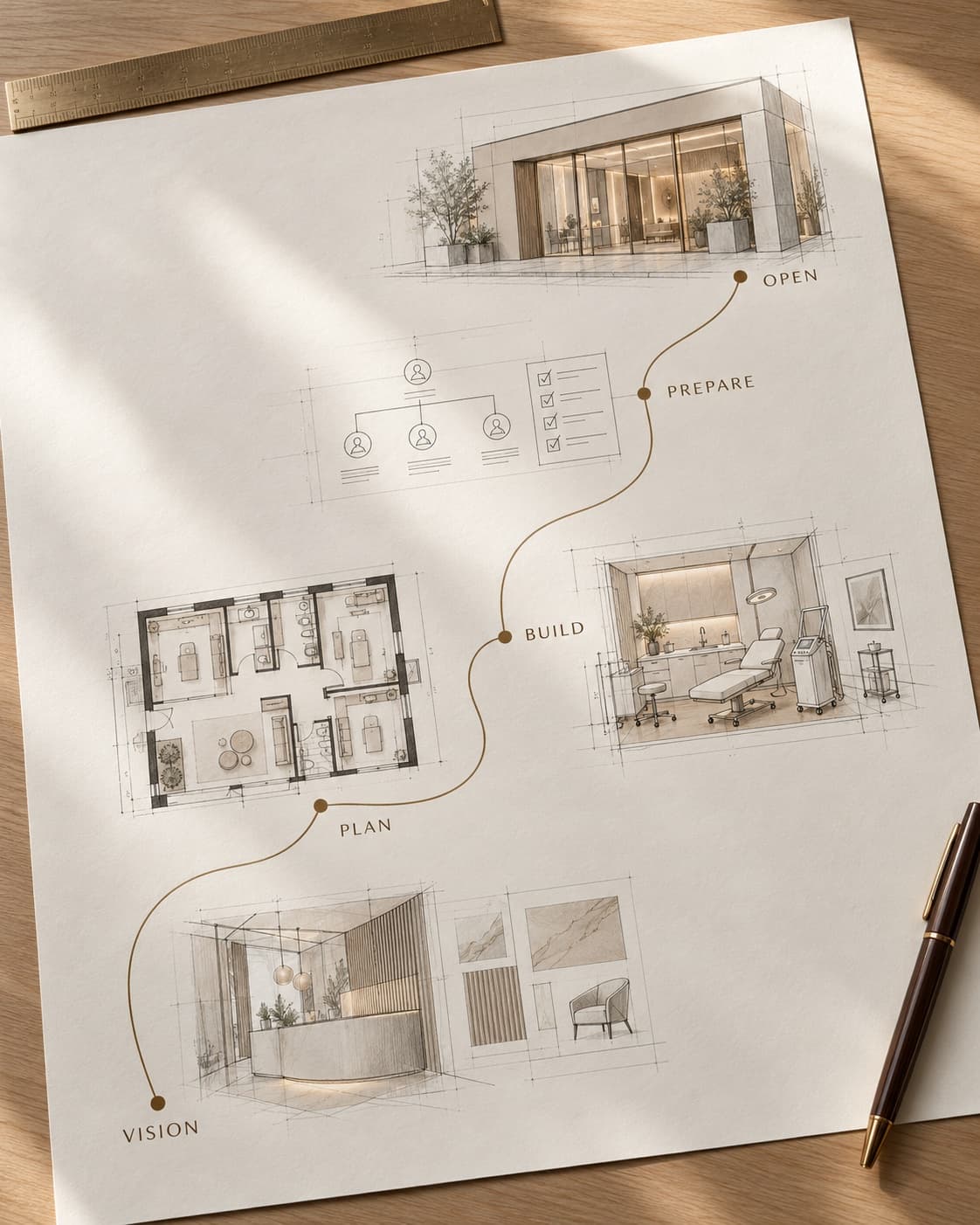An illustrated roadmap sketch showing the stages from vision and planning through to a finished, open clinic